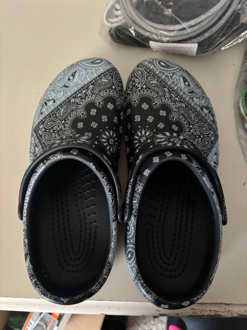 Black Paisley Slip-On Clogs with Strap
